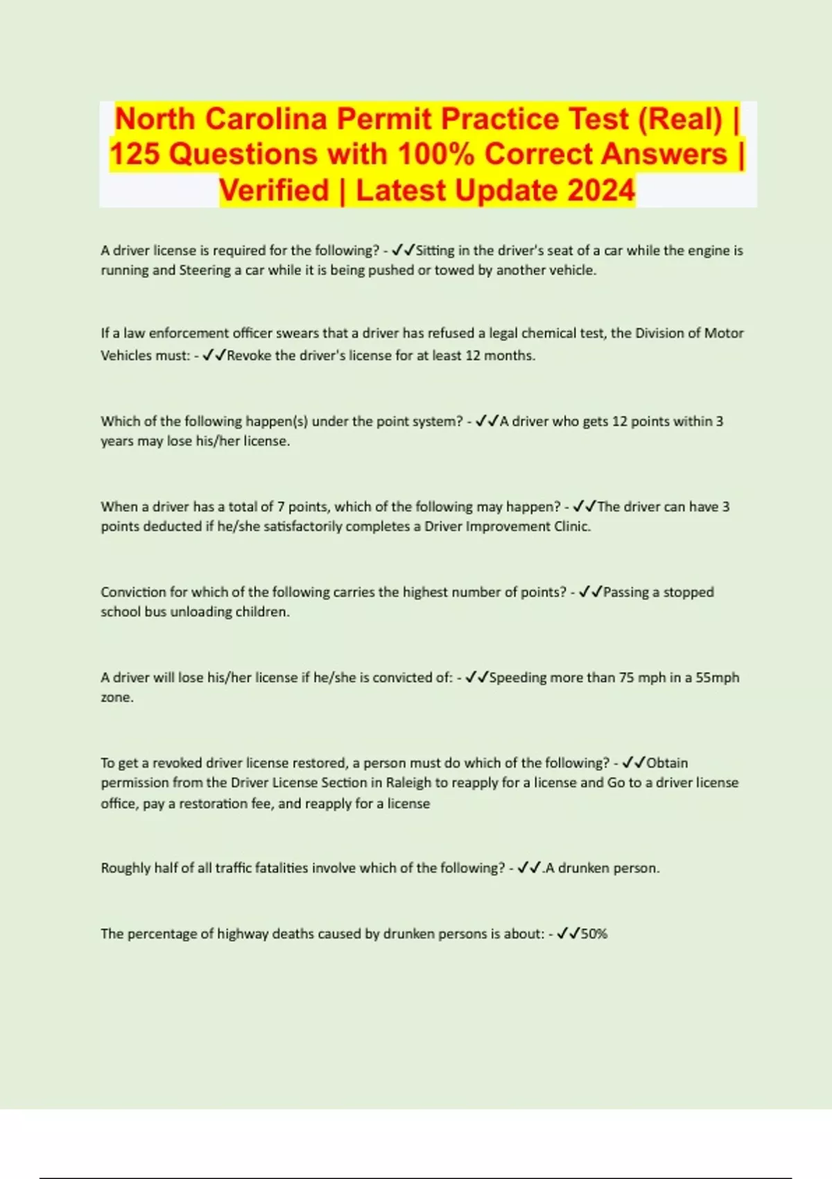 North Carolina Permit Practice Test (Real) 125 Questions with 100