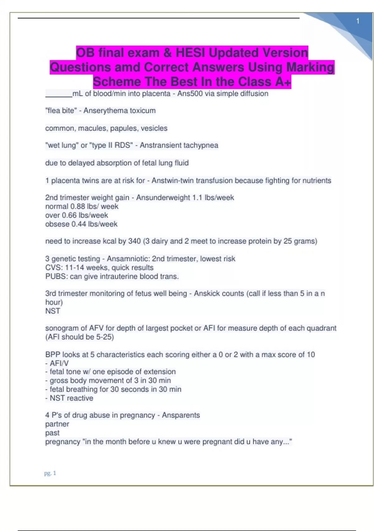 OB final exam & HESI Updated Version Questions amd Correct Answers ...