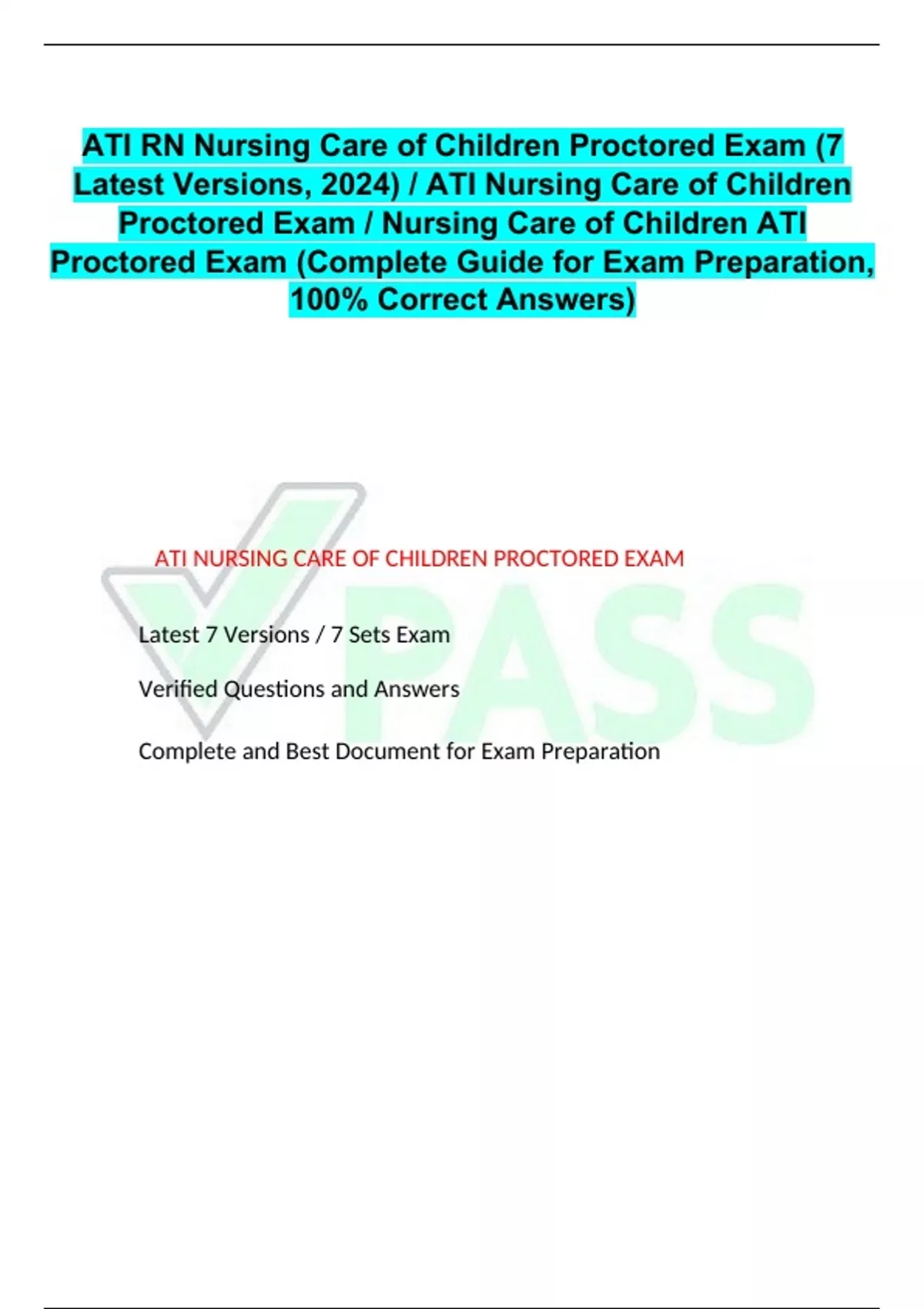 ATI RN Nursing Care of Children Proctored Exam (7 Latest Versions, 2024 ...
