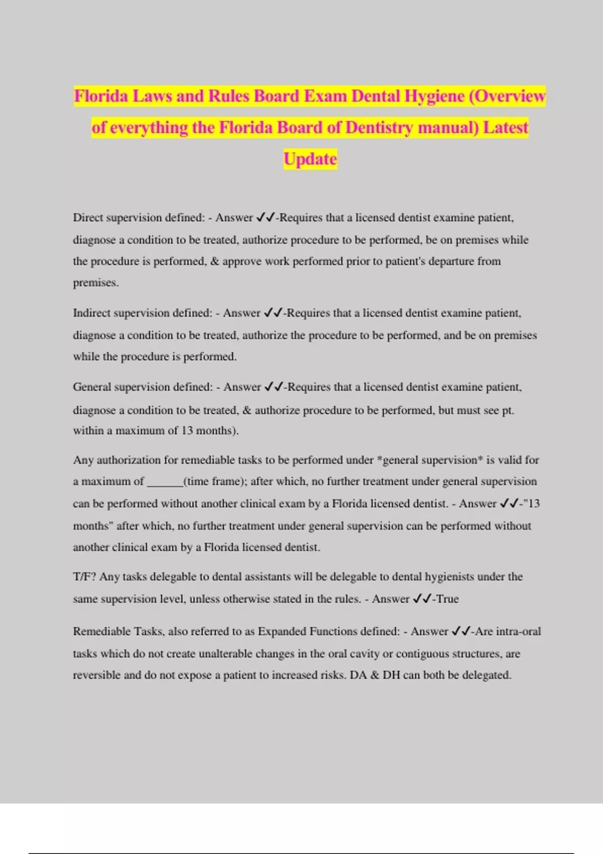 Florida Laws and Rules Board Exam Dental Hygiene (Overview of