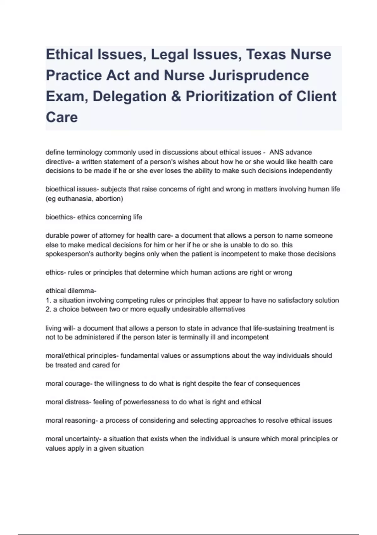 Ethical issues legal issues texas nurse practice act and nurse