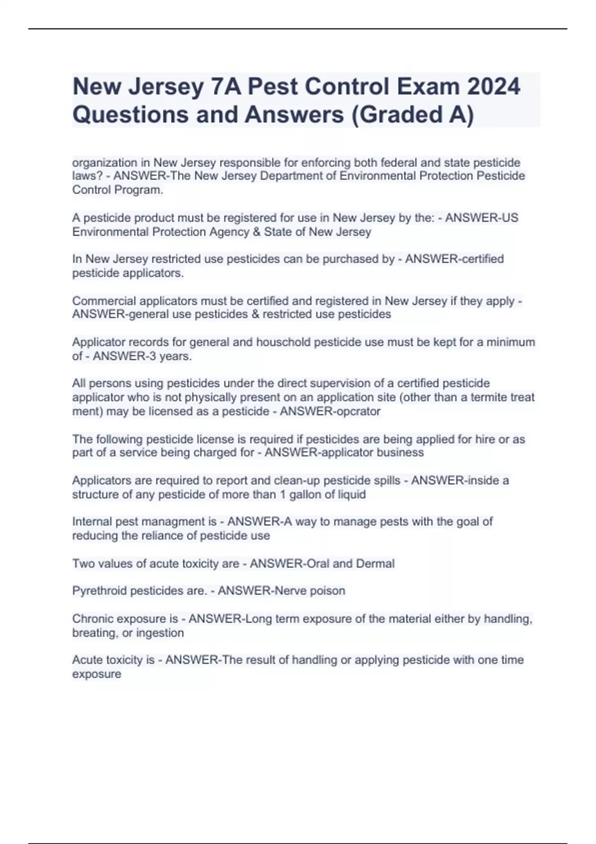 New Jersey 7A Pest Control Exam 2024 Questions and Answers (Graded A