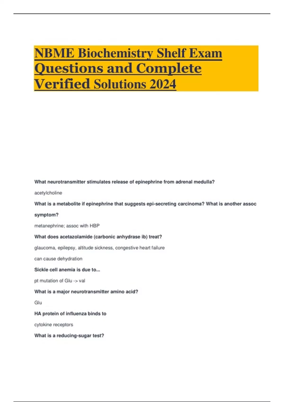 NBME Biochemistry Shelf Exam Questions and Complete Verified Solutions 2024 NBME Stuvia US