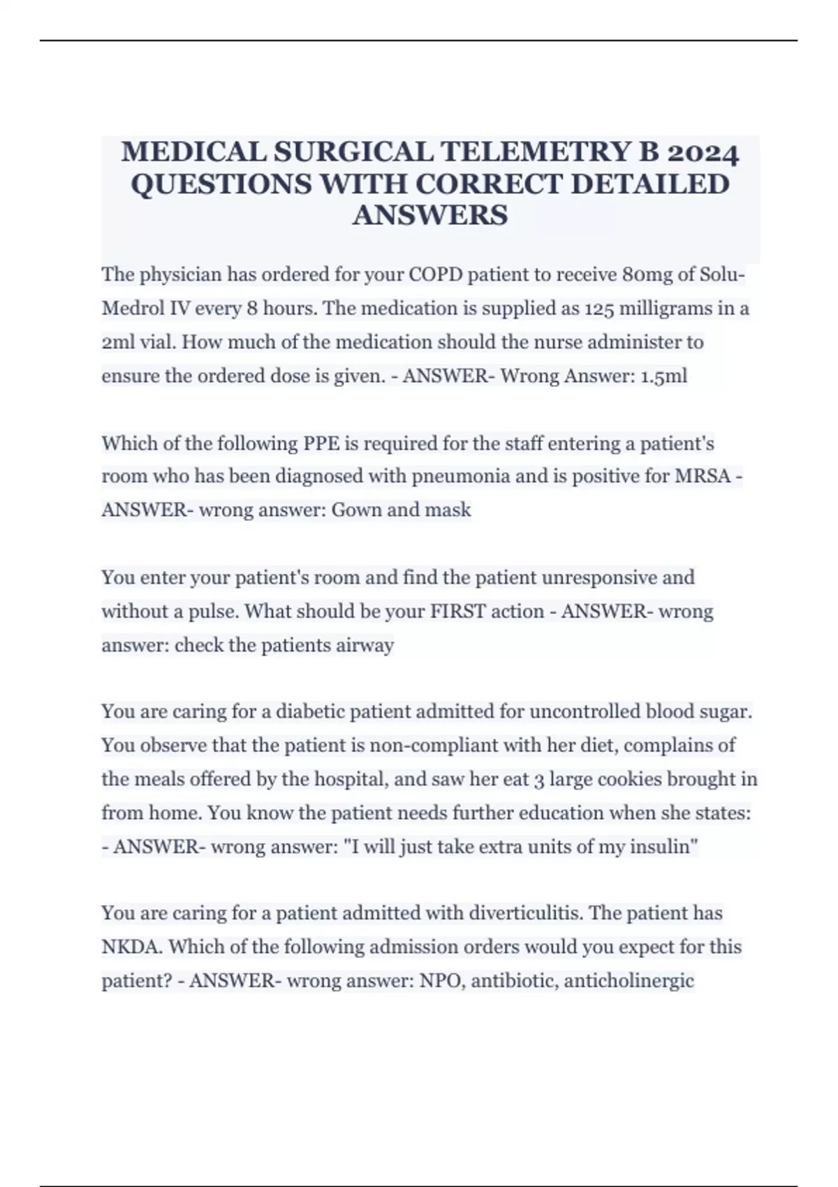MEDICAL SURGICAL TELEMETRY B 2024 QUESTIONS WITH CORRECT DETAILED