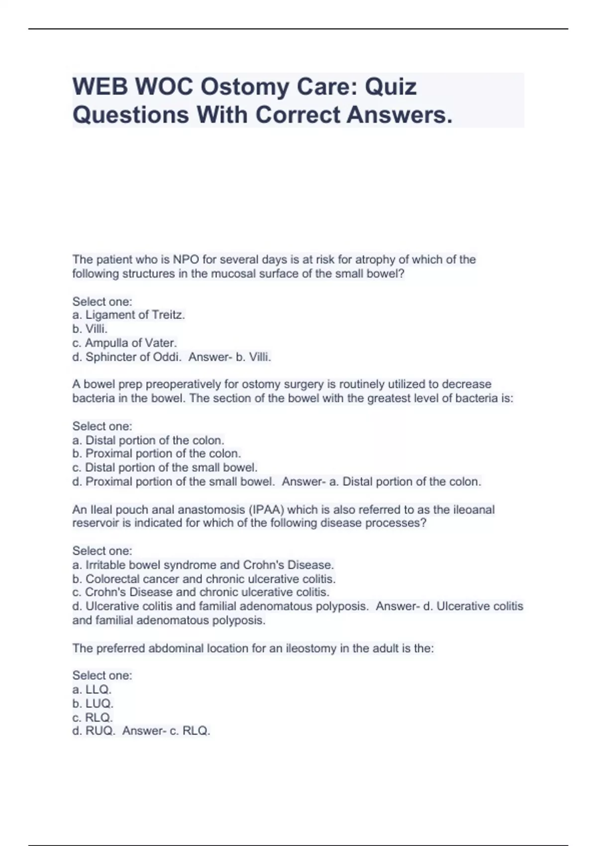 WEB WOC Ostomy Care Quiz Questions With Correct Answers. WEB WOC