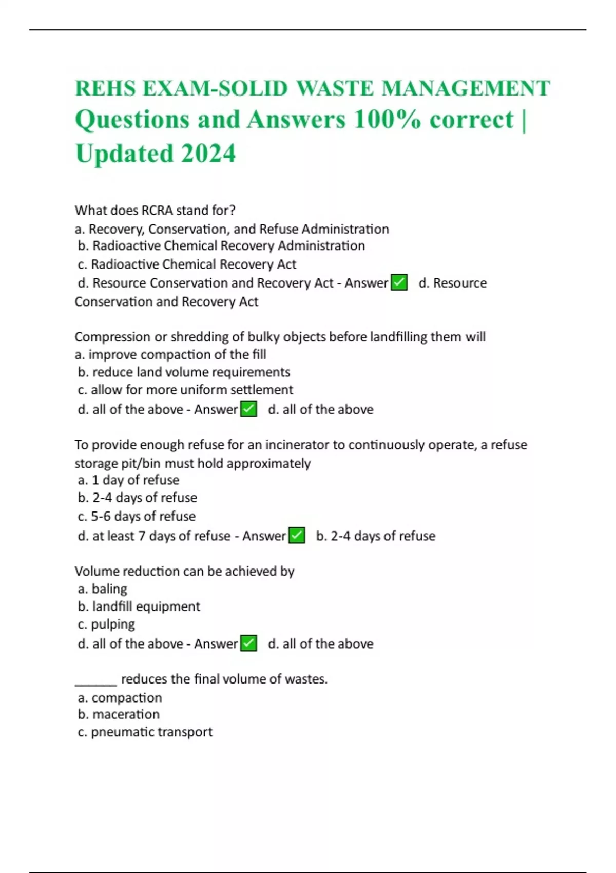 REHS EXAMSOLID WASTE MANAGEMENT Questions and Answers 100 correct
