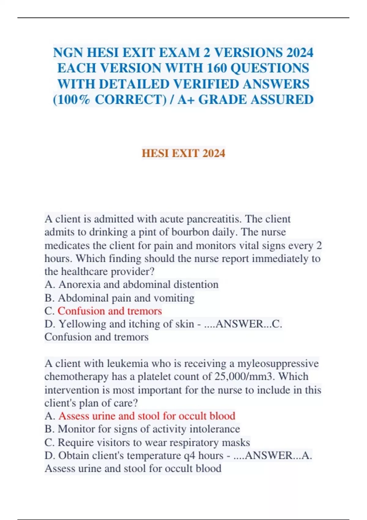 NGN HESI EXIT EXAM 2 VERSIONS 2024 EACH VERSION WITH 160 QUESTIONS WITH ...