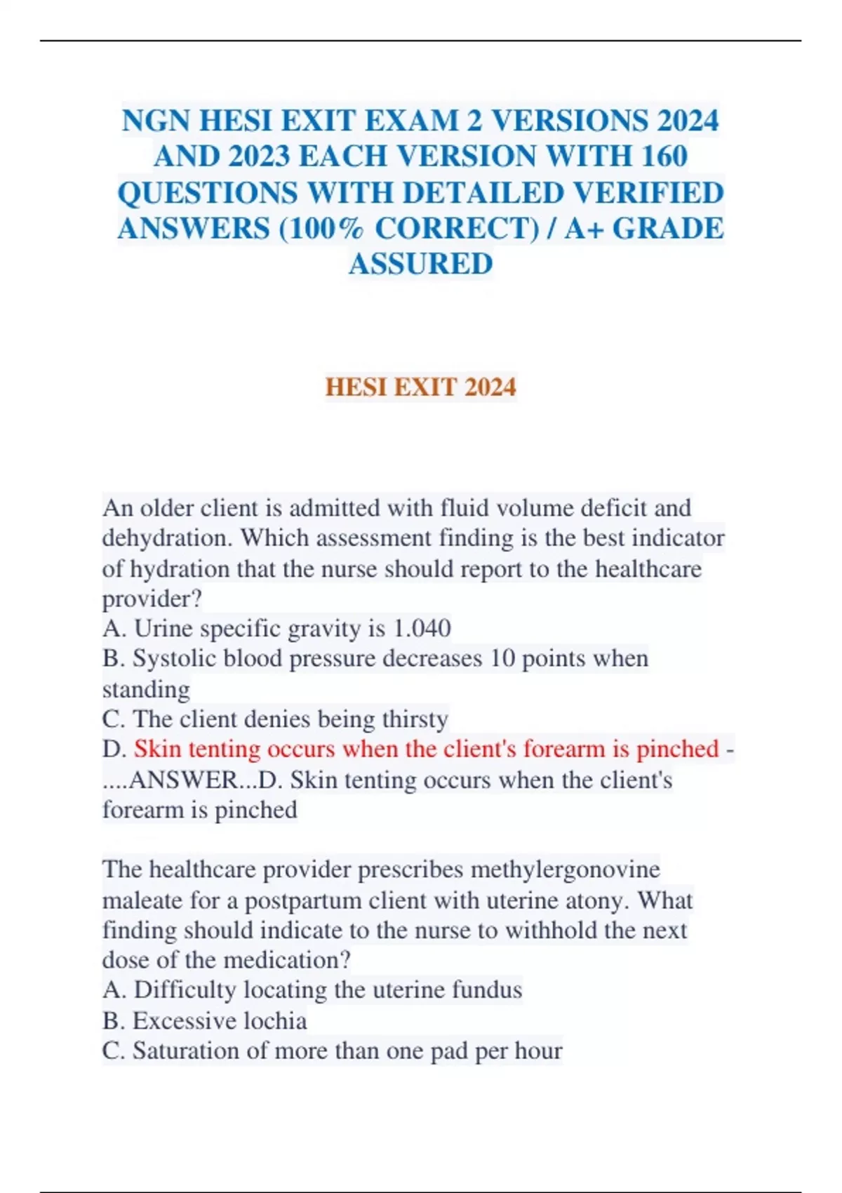 NGN HESI EXIT EXAM 2 VERSIONS 2024 AND 2023 EACH VERSION WITH 160 ...