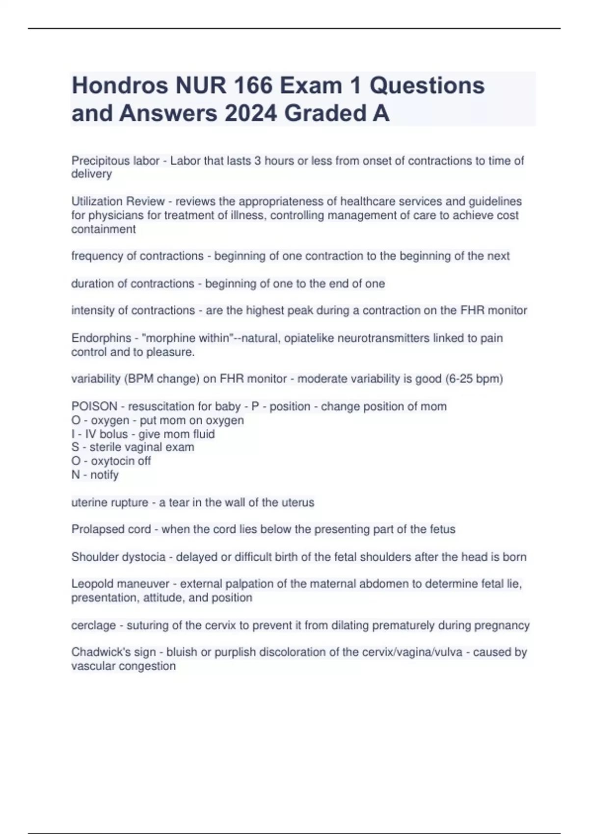 Hondros NUR 166 Exam 1 Questions and Answers 2024 Graded A - Hondros ...