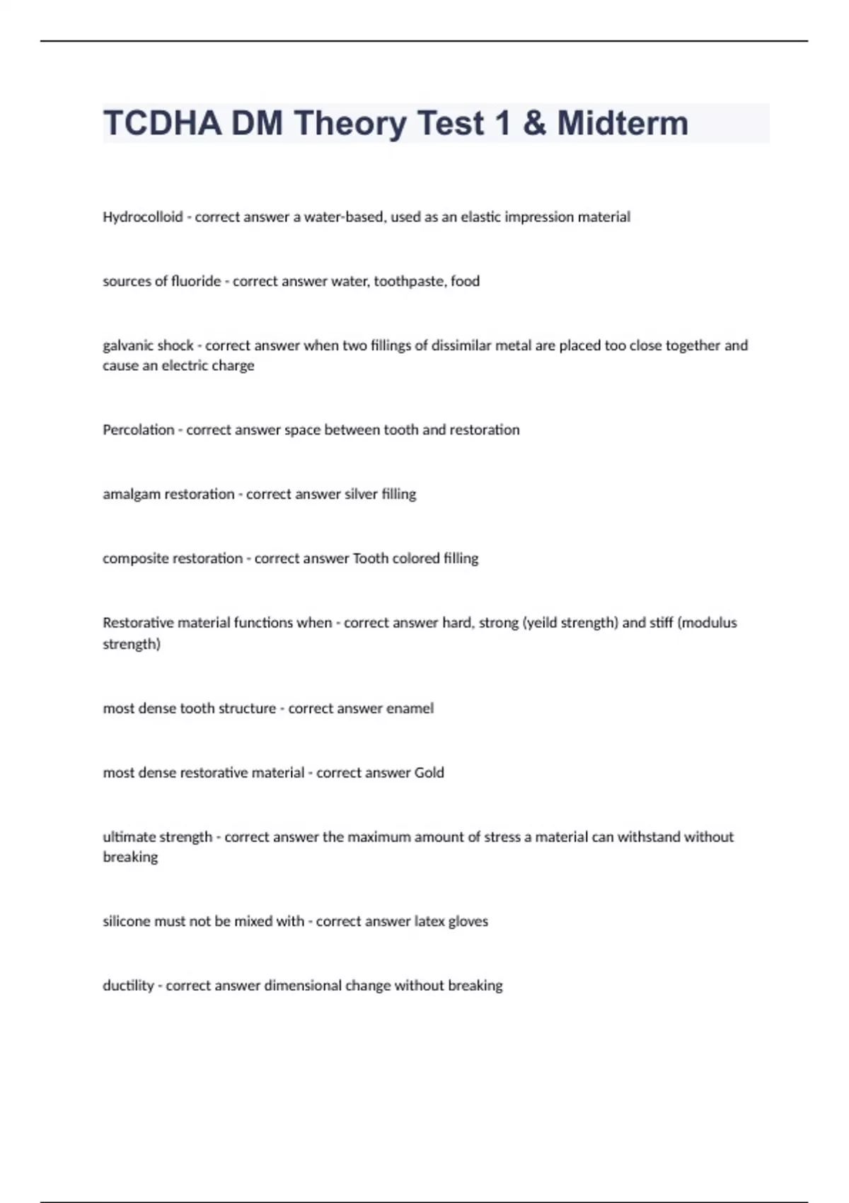 TCDHA DM Theory Test 1 & Midterm questions and answers 100% correct ...