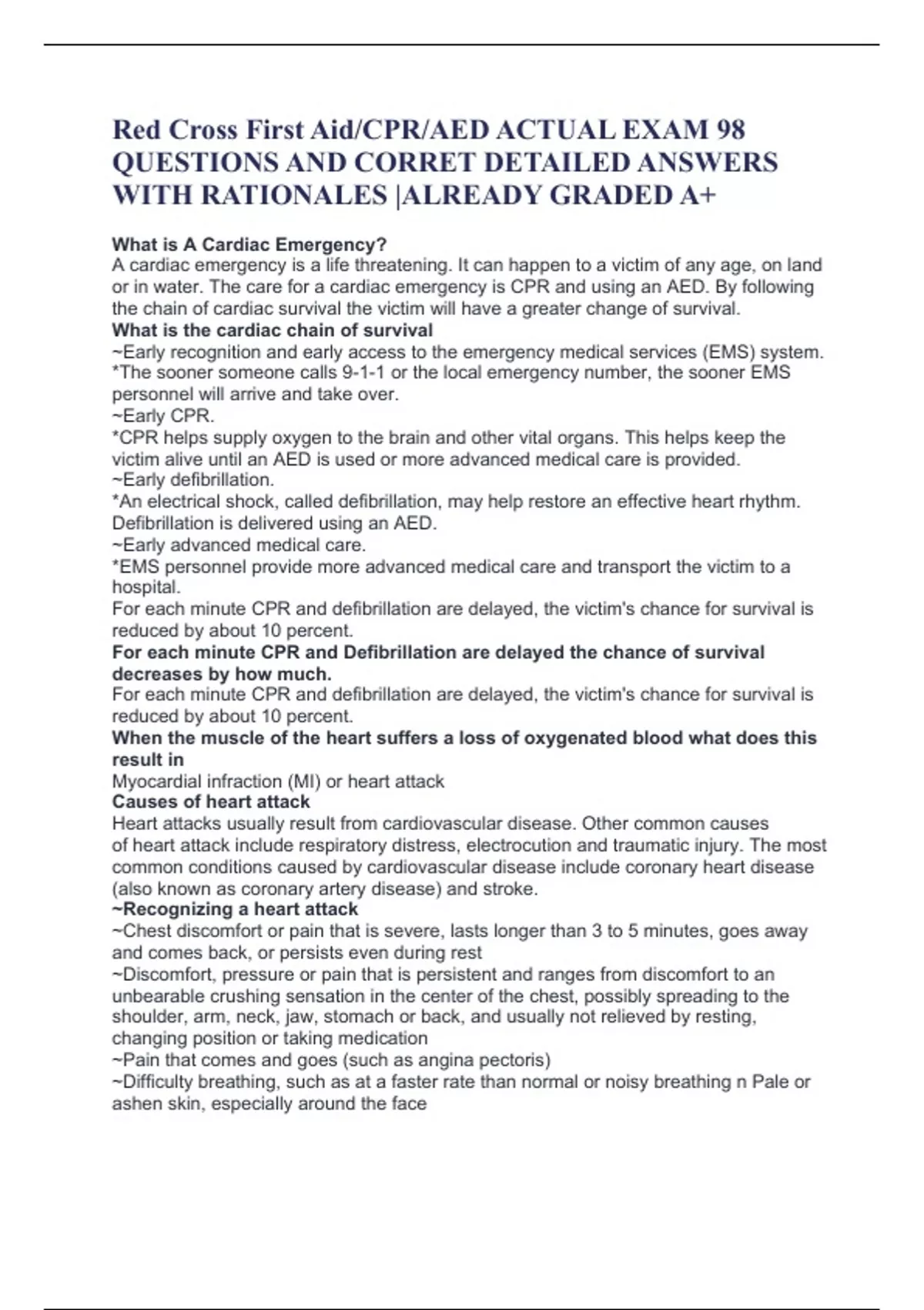 Red Cross First Aid/CPR/AED ACTUAL EXAM 98 QUESTIONS AND CORRET ...
