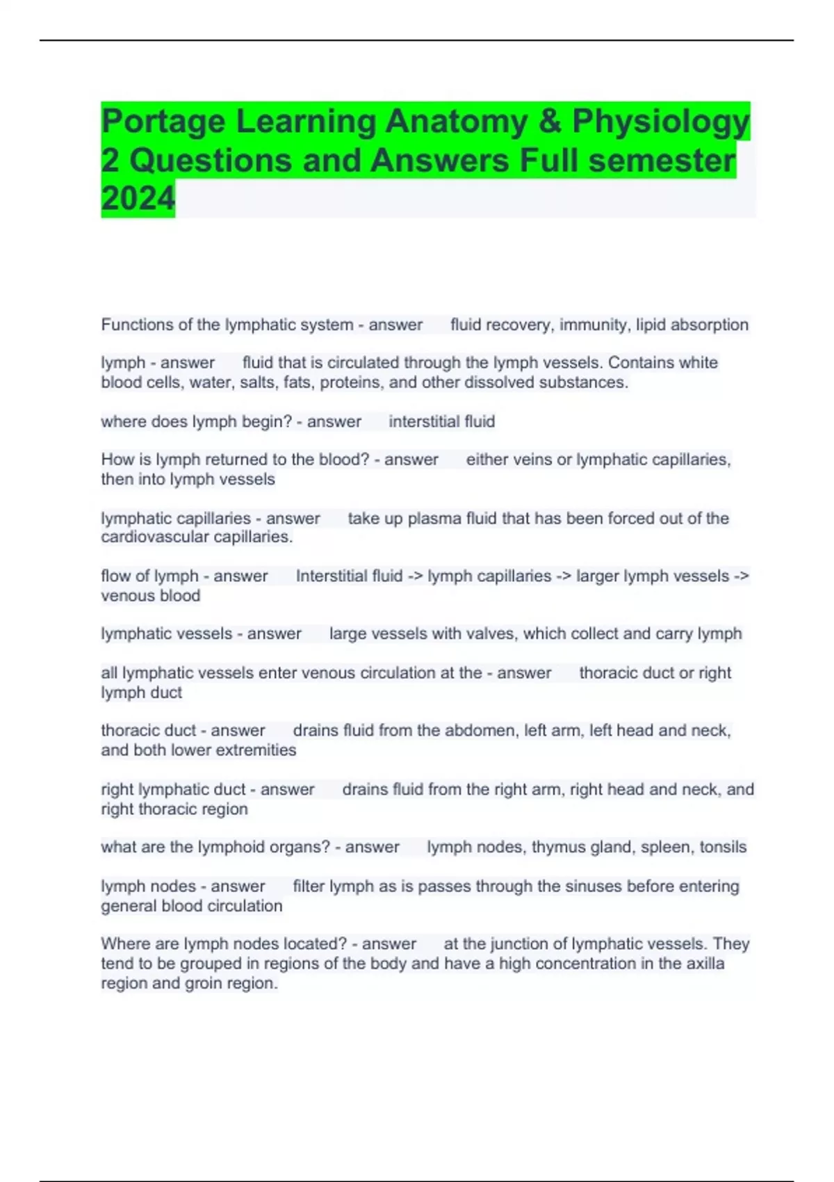 Portage Learning Anatomy & Physiology 2 Questions and Answers Full ...