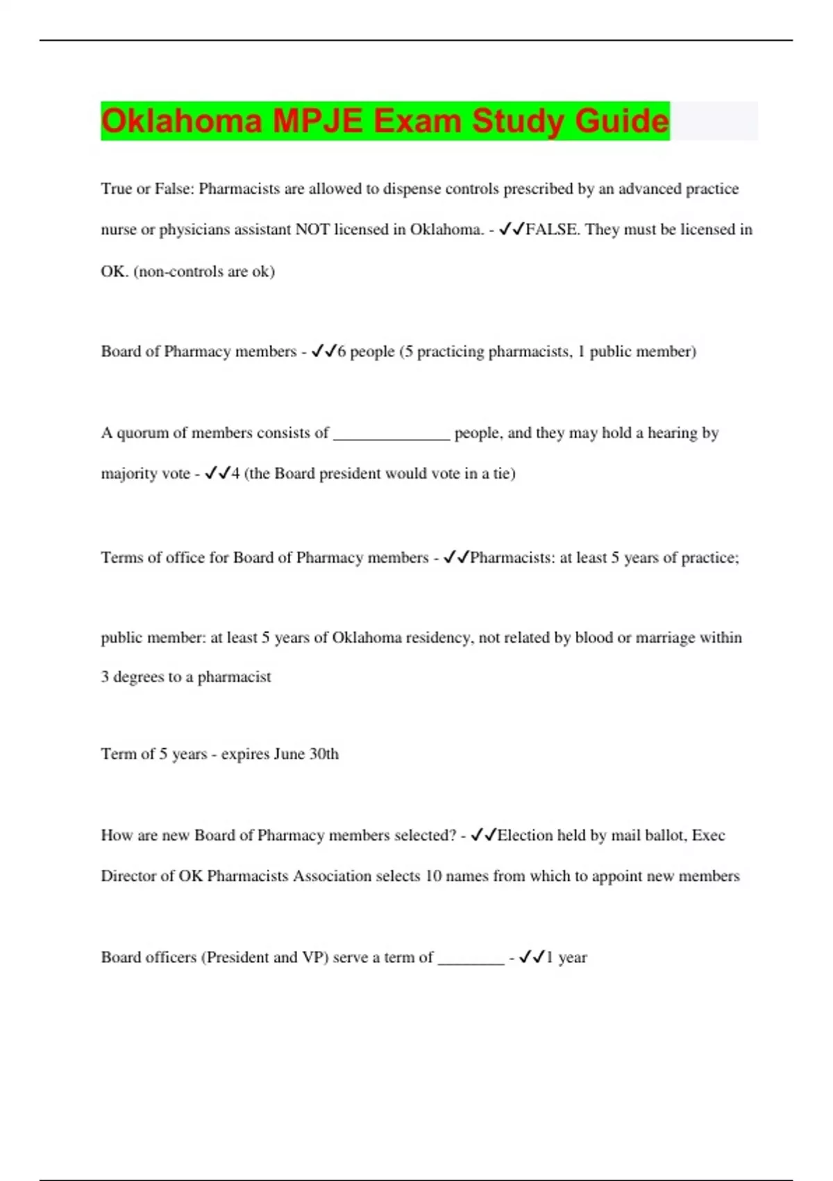 Oklahoma MPJE Exam Study Guide Questions with 100% Correct Answers | Latest Update 2024 ...