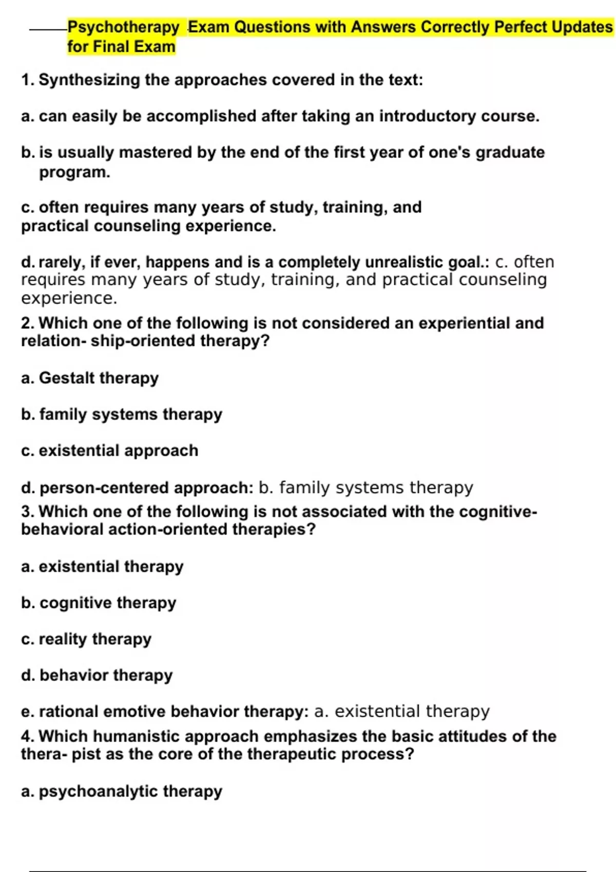 Psychotherapy Exam Questions with Answers Correctly Perfect Updates for ...