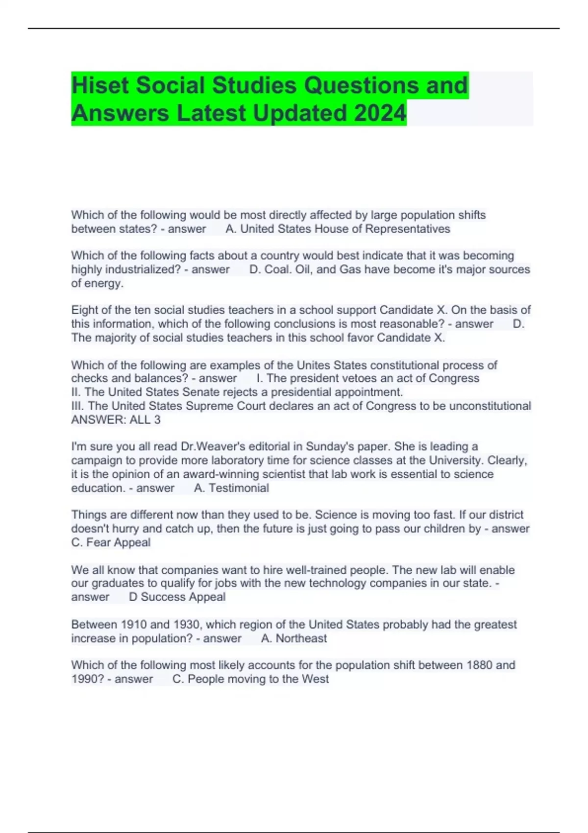 Hiset Social Studies Questions and Answers Latest Updated 2024 HiSet