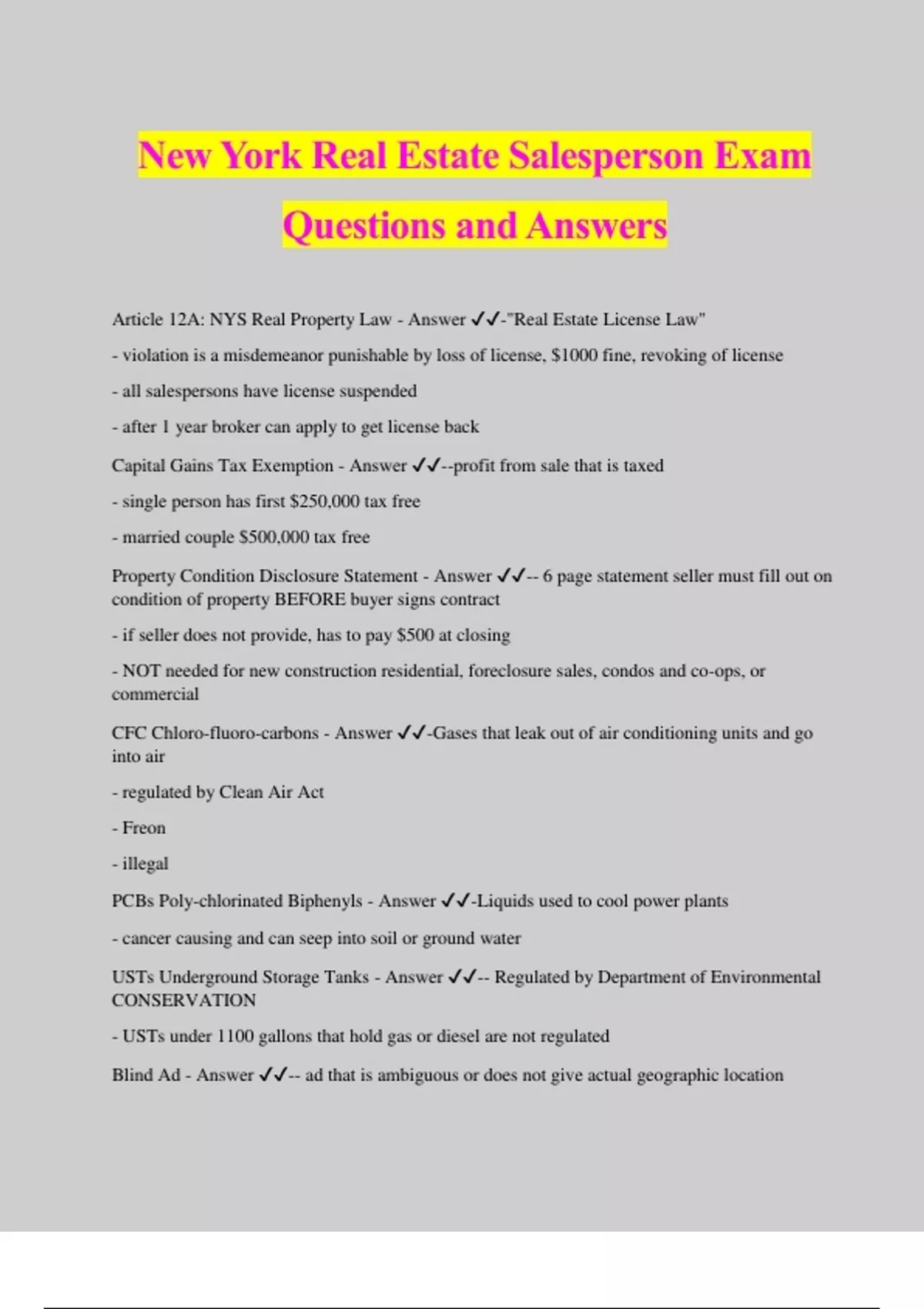 New York Real Estate Salesperson Exam Questions and Answers New York