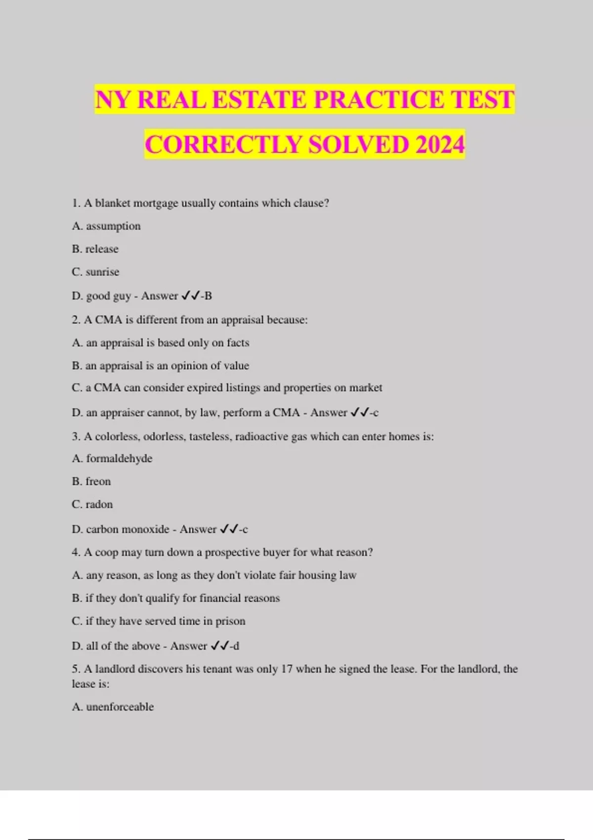 NY REAL ESTATE PRACTICE TEST CORRECTLY SOLVED 2024 New York State Real Estate Stuvia US