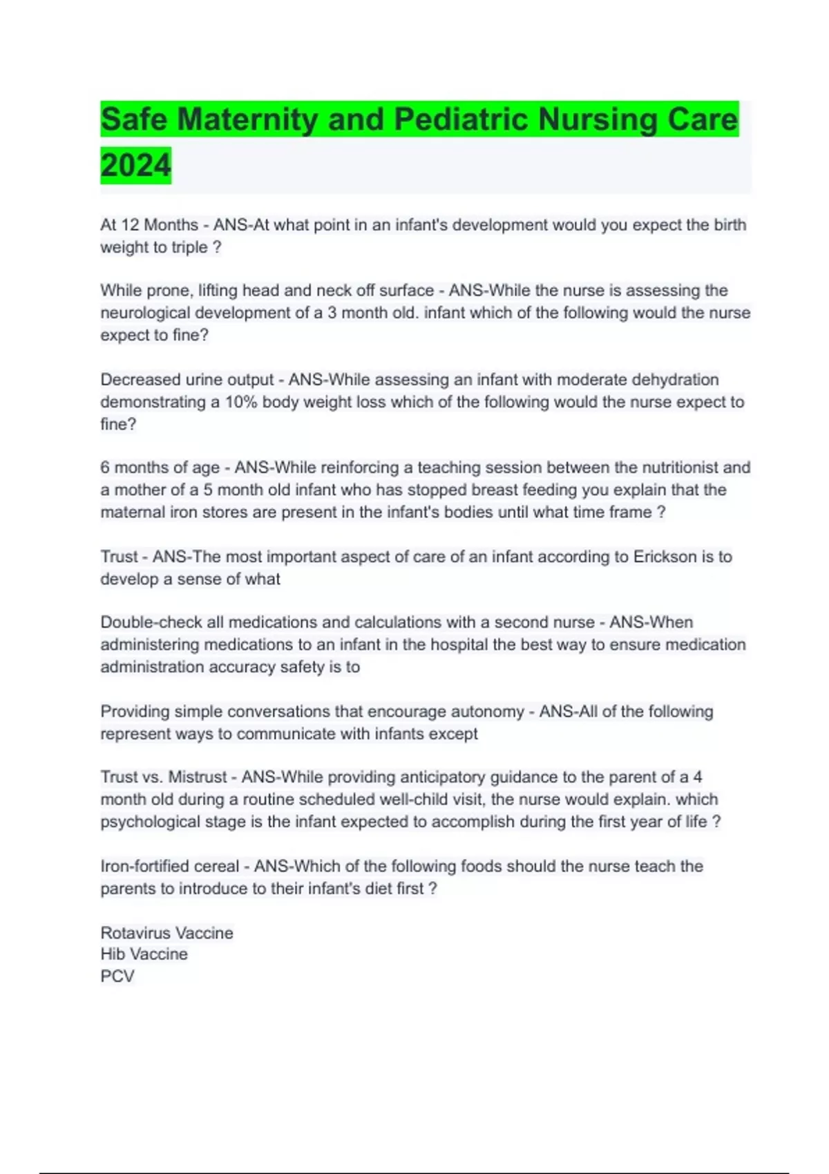 Safe Maternity and Pediatric Nursing Care 2024 Safe Maternity and