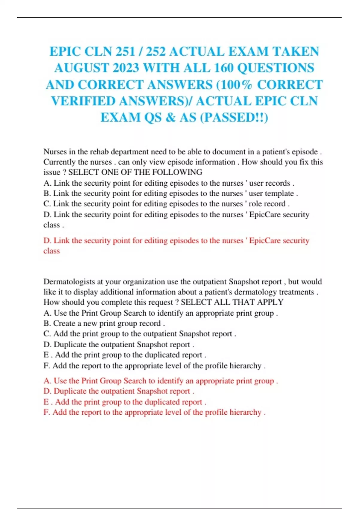 EPIC CLN 251 / 252 ACTUAL EXAM TAKEN AUGUST 2023 WITH ALL 160 QUESTIONS AND CORRECT ANSWERS (100 ...