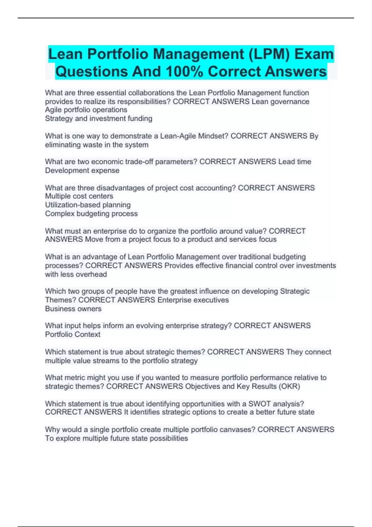 A Package Deal For LPM (Lean Portfolio Management) Exam Questions With