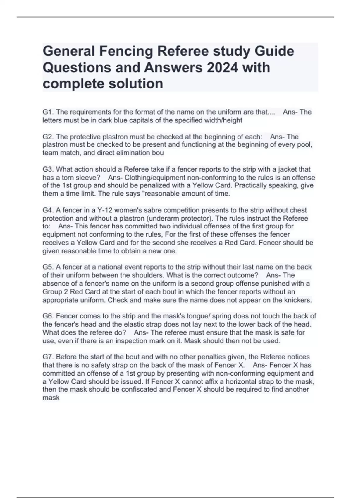 General Fencing Referee study Guide Questions and Answers 2024 with