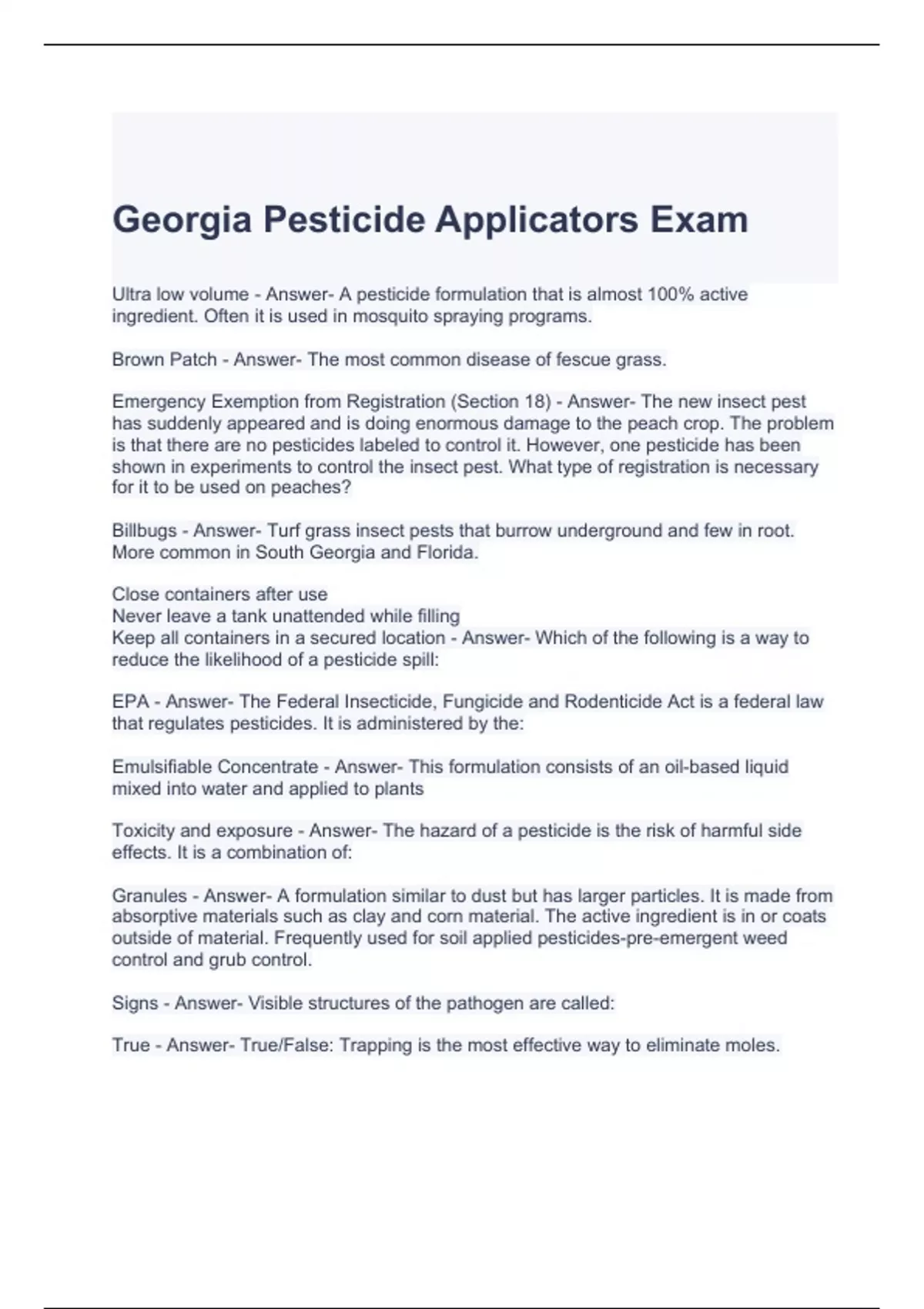 Pesticide Applicators Exam Questions and Answers Pest