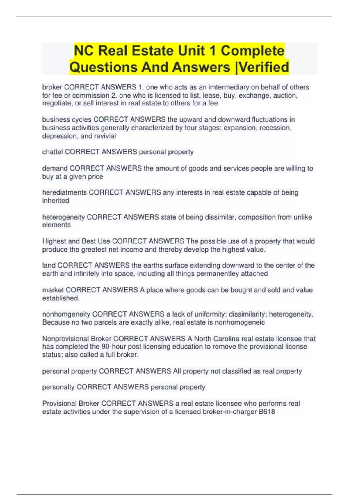 NC Real Estate Unit 1 Complete Questions And Answers Verified Real estate North Carolina