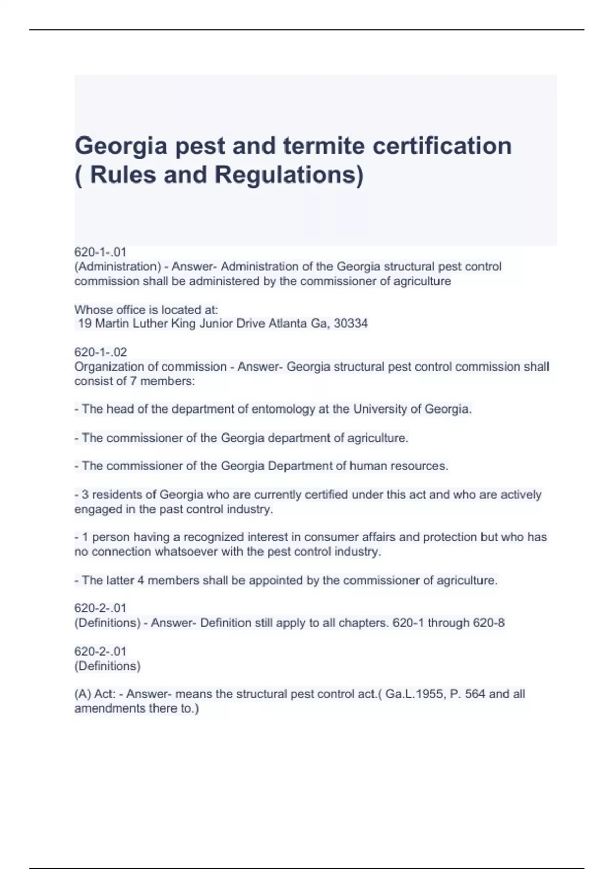 pest and termite certification ( Rules and Regulations) Exam
