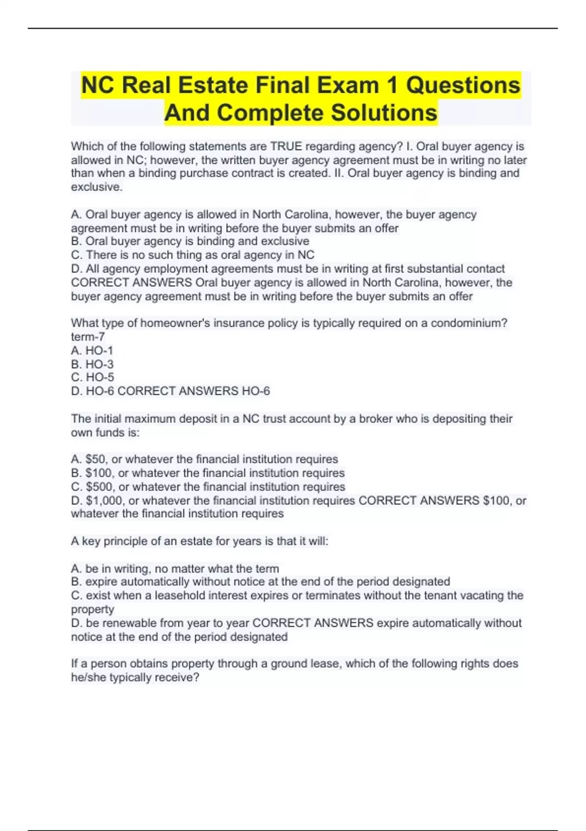 NC Real Estate Final Exam 1 Questions And Complete Solutions Real