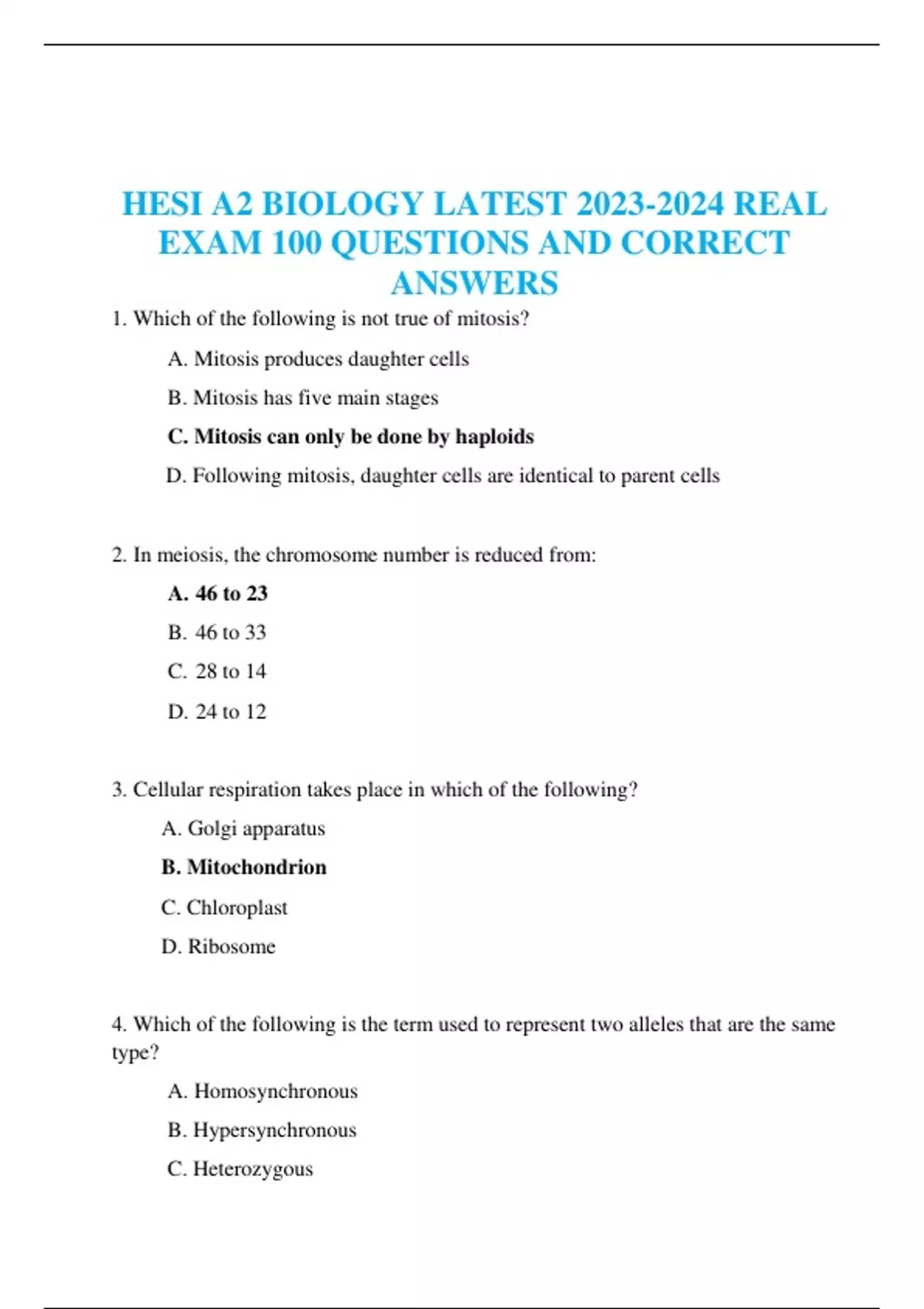 HESI A2 BIOLOGY LATEST REAL EXAM 100 QUESTIONS AND CORRECT ANSWERS ...
