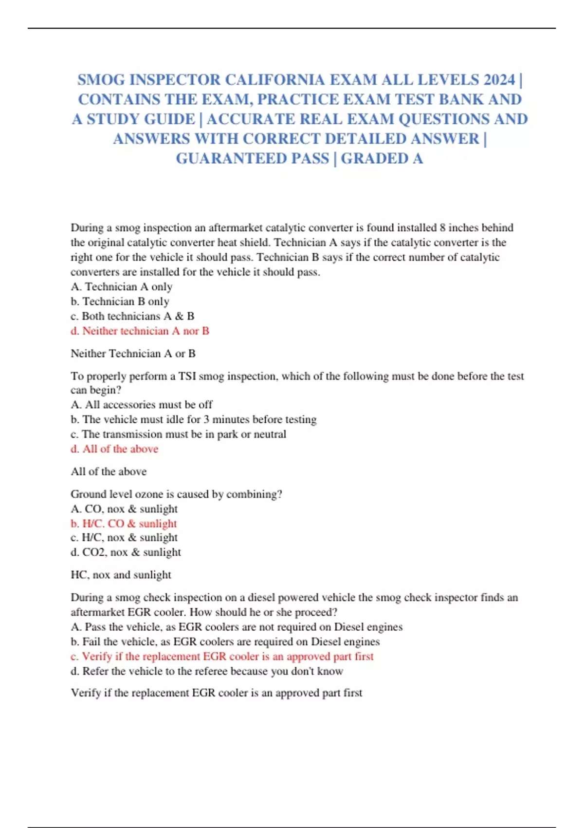 SMOG INSPECTOR CALIFORNIA EXAM ALL LEVELS 2024 | CONTAINS THE EXAM ...