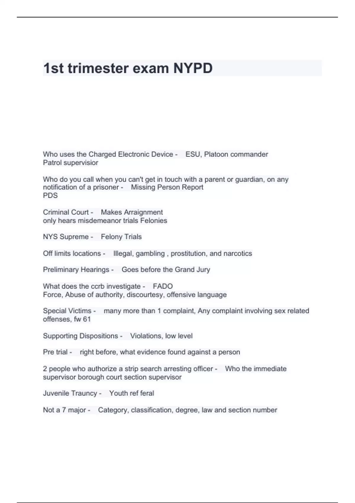 1st Trimester NYPD Exam (2023/ 2024) Questions and Verified Answers