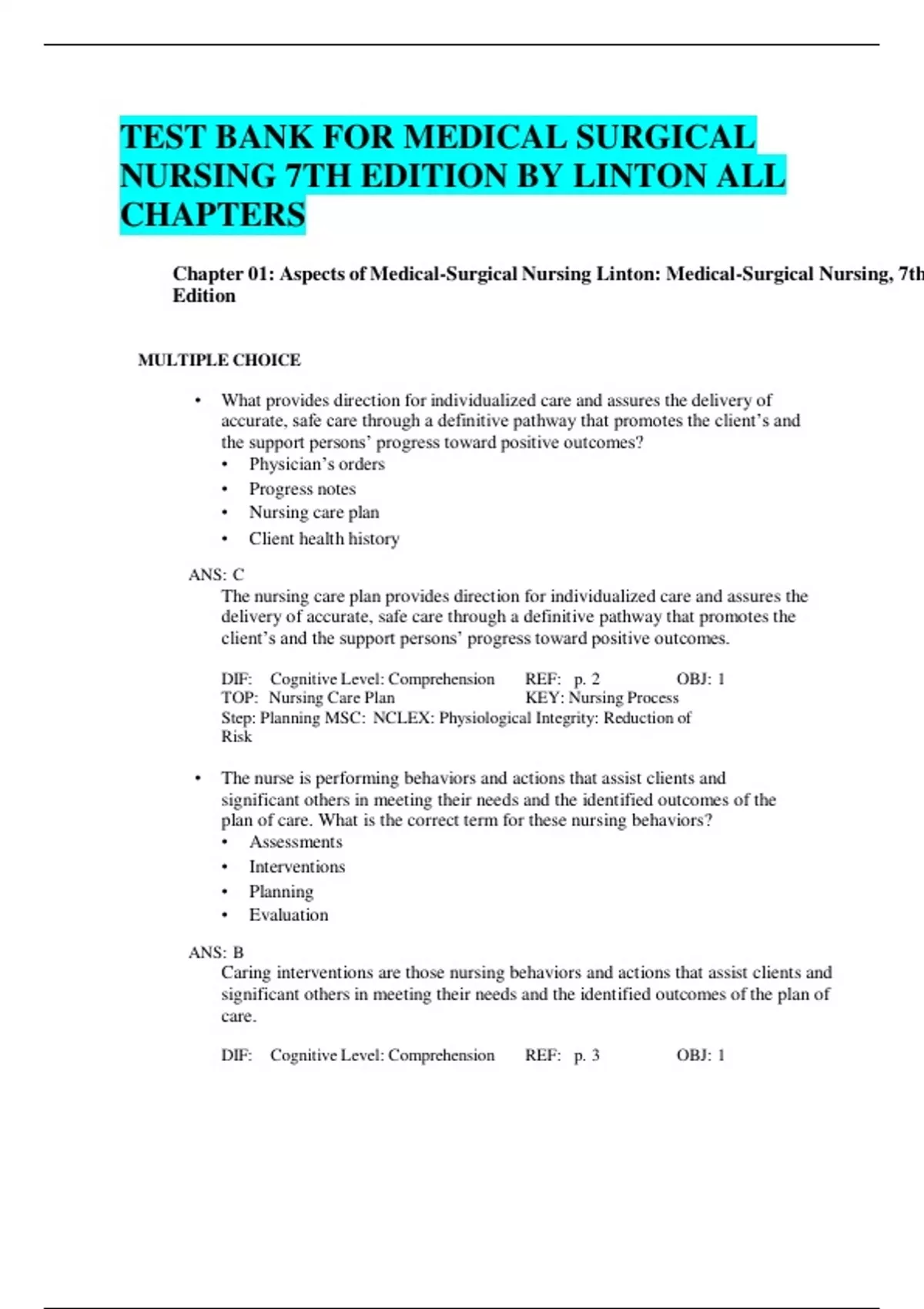 TEST BANK FOR MEDICAL SURGICAL NURSING 7TH EDITION BY LINTON ALL ...
