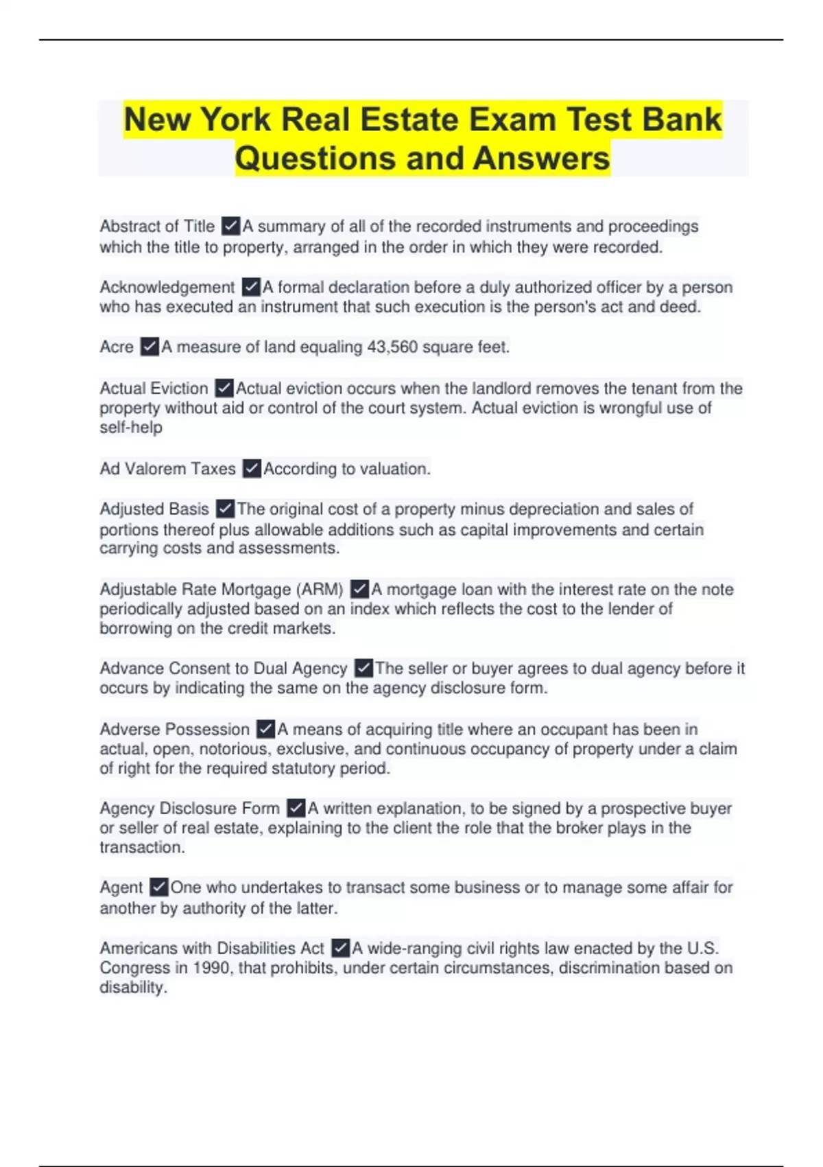 New York Real Estate Exam Test Bank Questions and Answers Real Estate