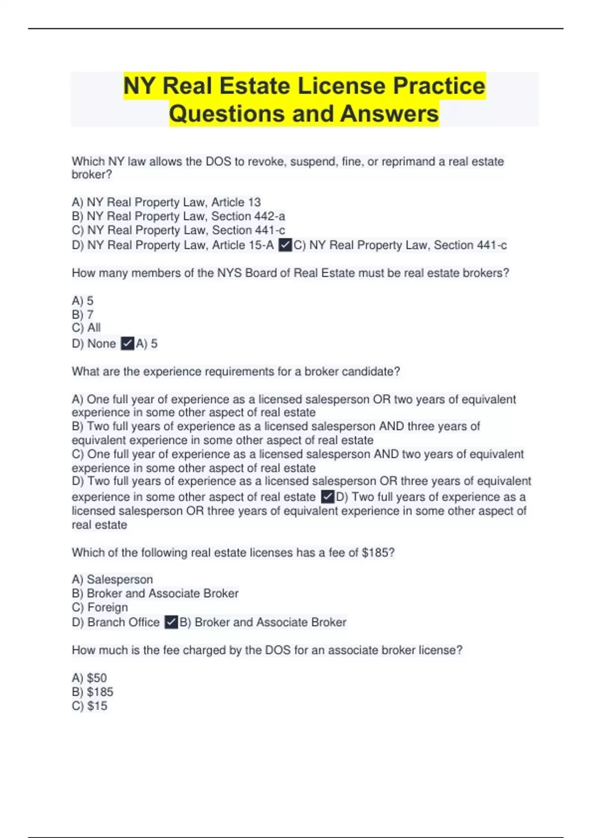 NY Real Estate License Practice Questions and Answers Real Estate