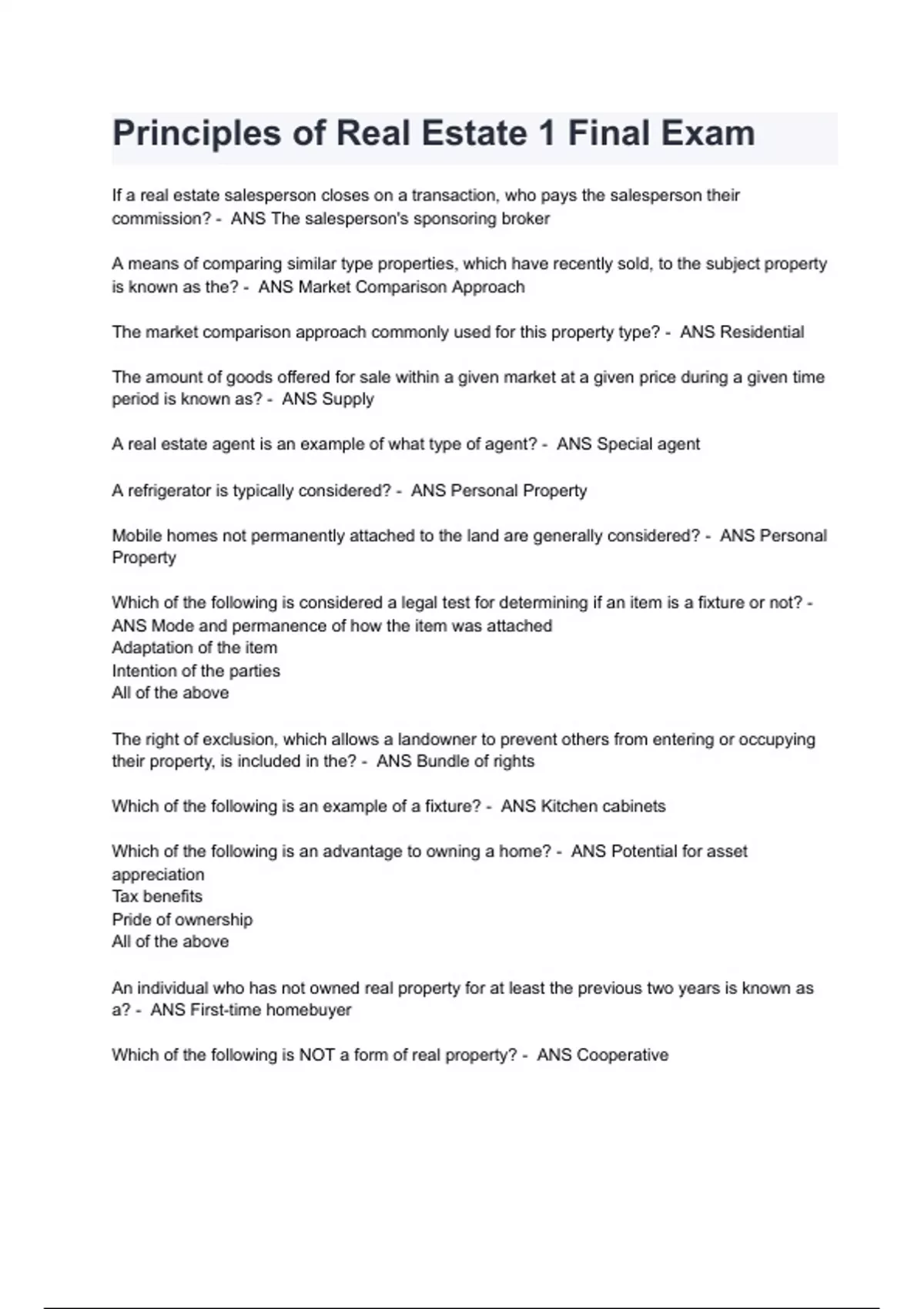 Principles of real estate II Final Exam Questions with correct Answers