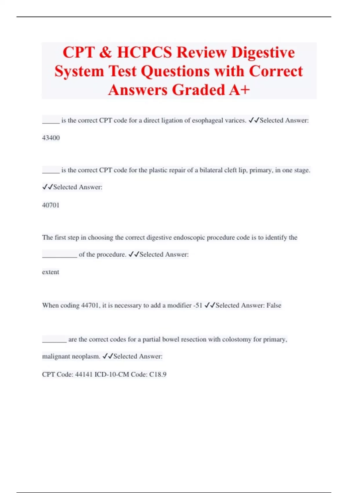 CPT & HCPCS Review Digestive System Test Questions with Correct Answers