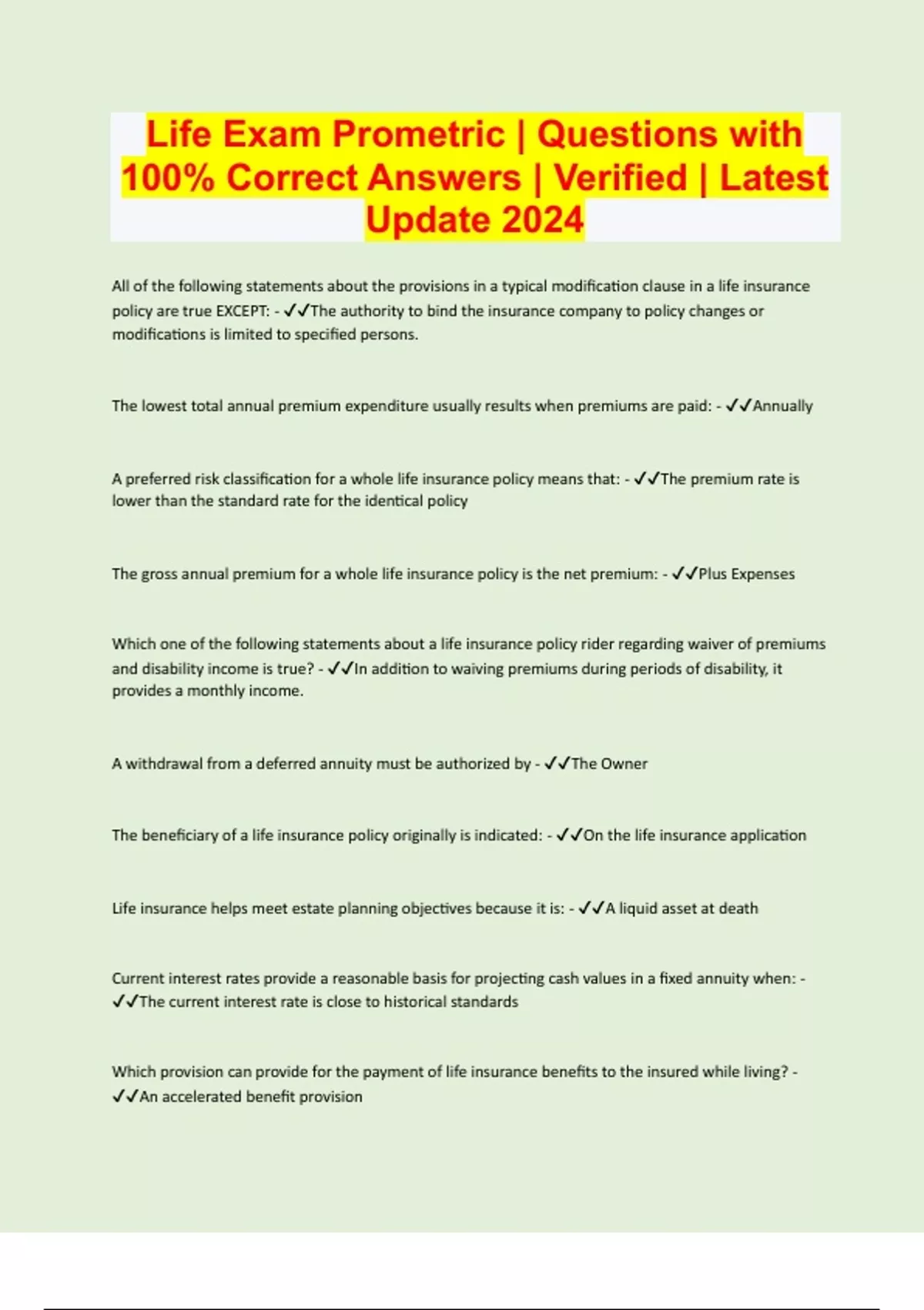 Life Exam Prometric Questions with 100 Correct Answers Verified