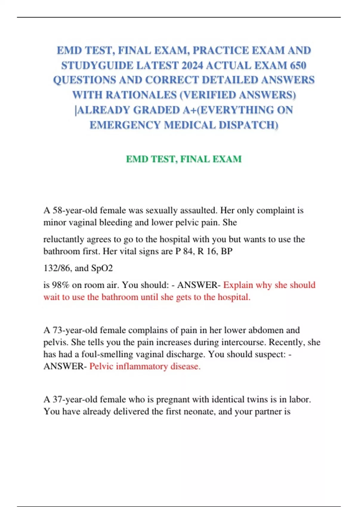 EMD TEST, FINAL EXAM, PRACTICE EXAM AND STUDYGUIDE LATEST 2024 ACTUAL