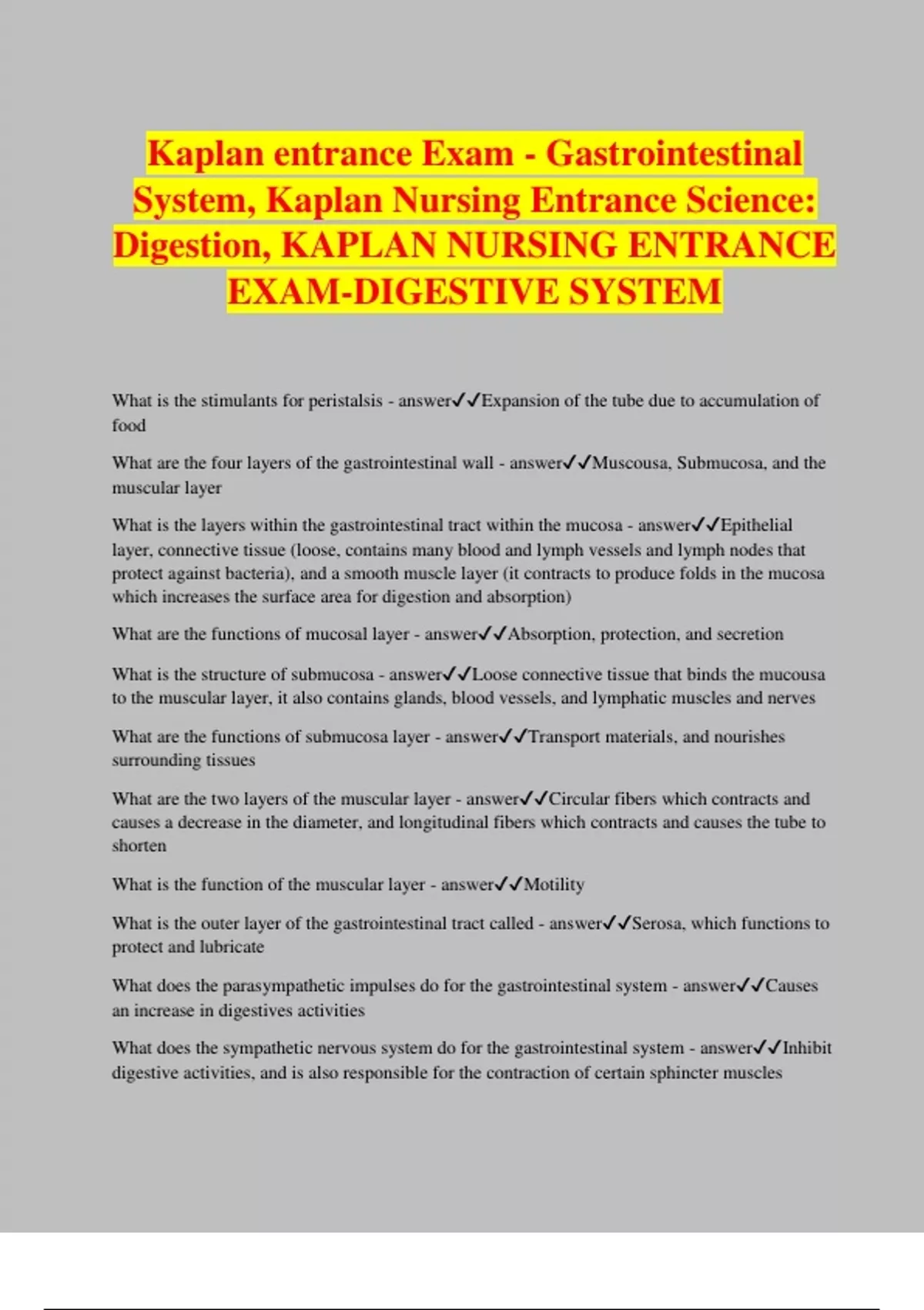 Kaplan entrance Exam Gastrointestinal System, Kaplan Nursing Entrance