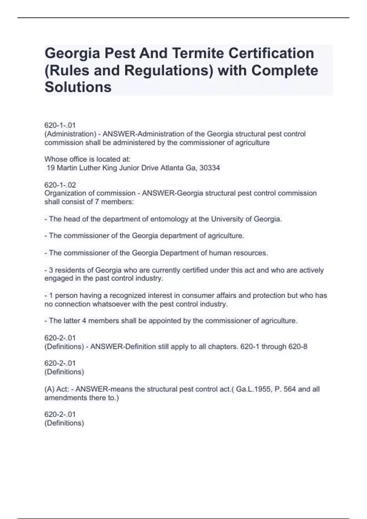 Pest And Termite Certification (Rules and Regulations) with Complete Solutions