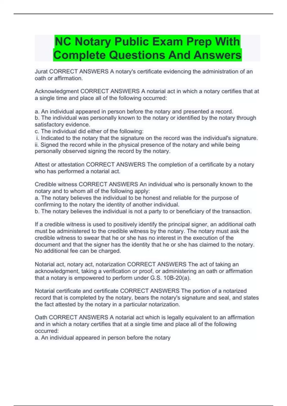 NC Notary Public Exam Prep With Complete Questions And Answers NC