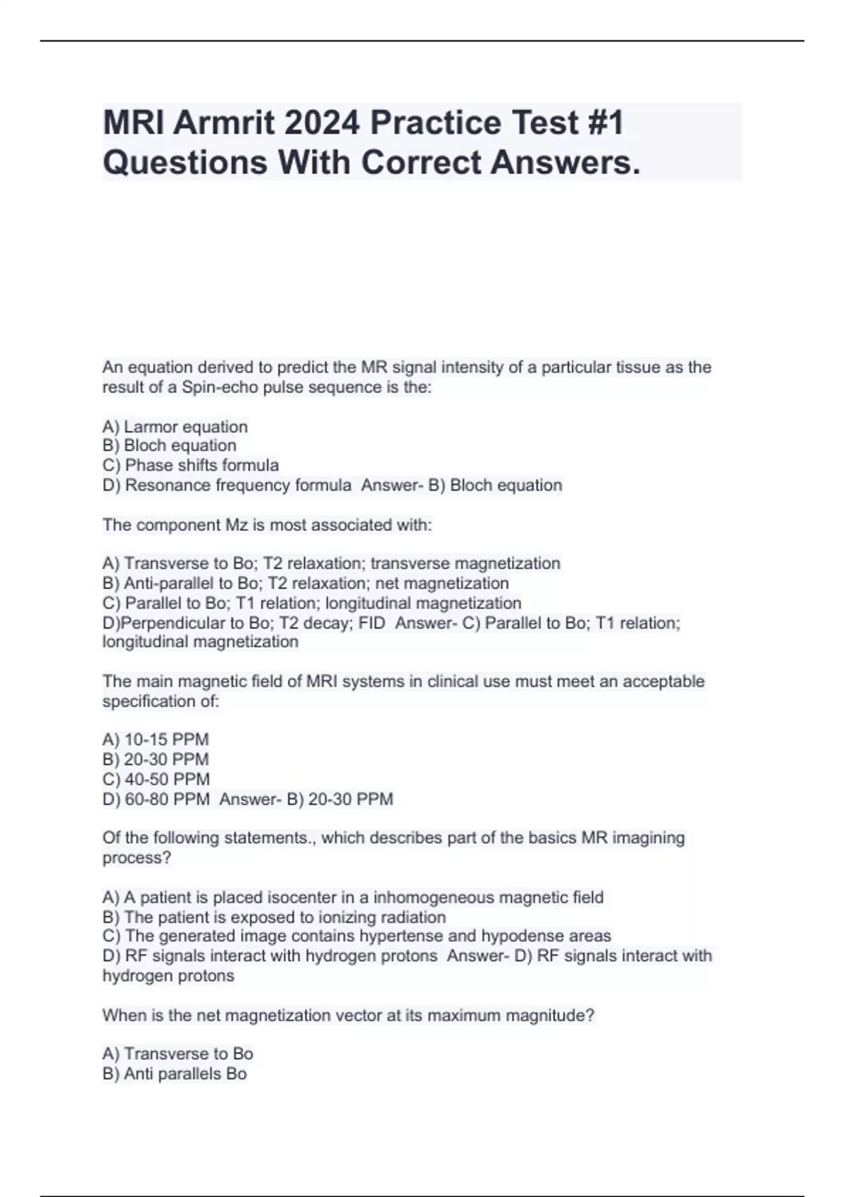 MRI Armrit 2024 Practice Test 1 Questions With Correct Answers