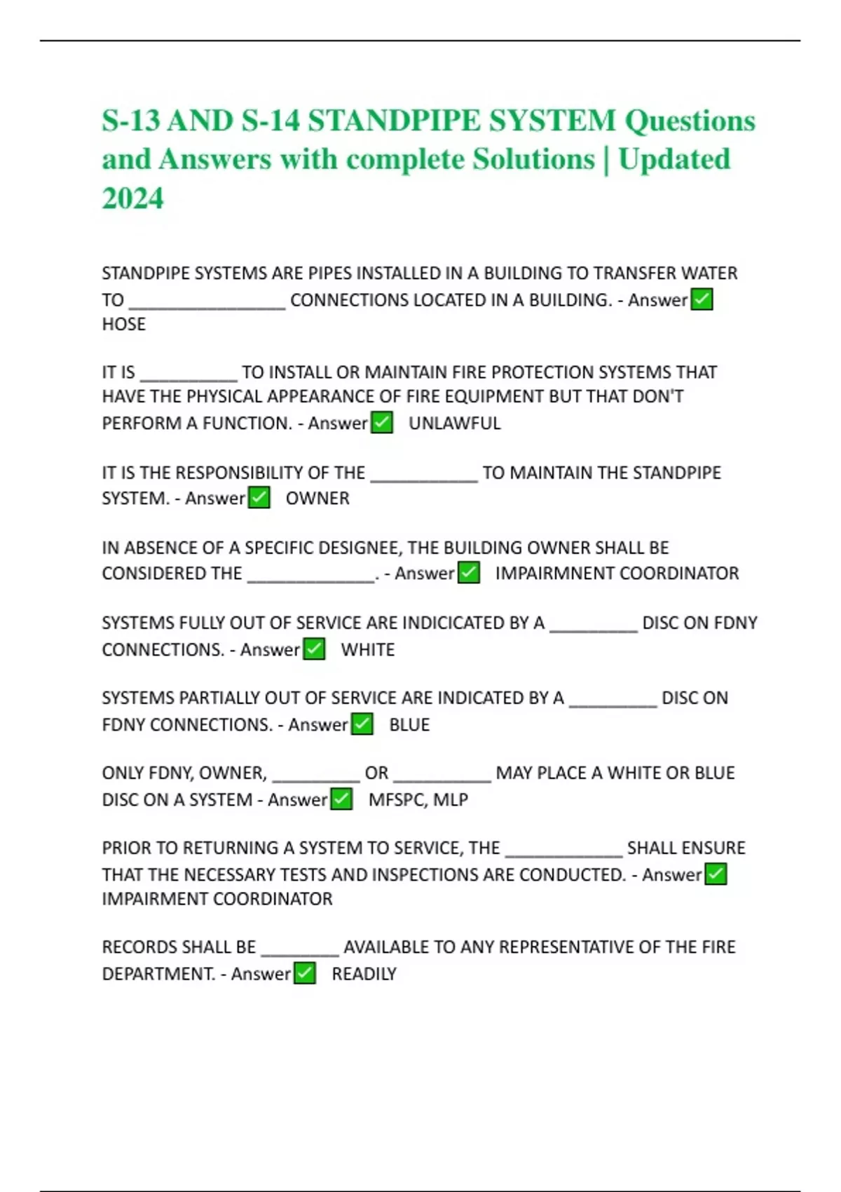 S13 AND S14 STANDPIPE SYSTEM Questions and Answers with complete
