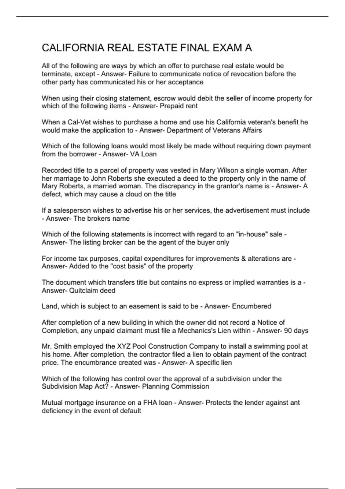 CALIFORNIA REAL ESTATE FINAL EXAM A CALIFORNIA REAL ESTATE Stuvia US