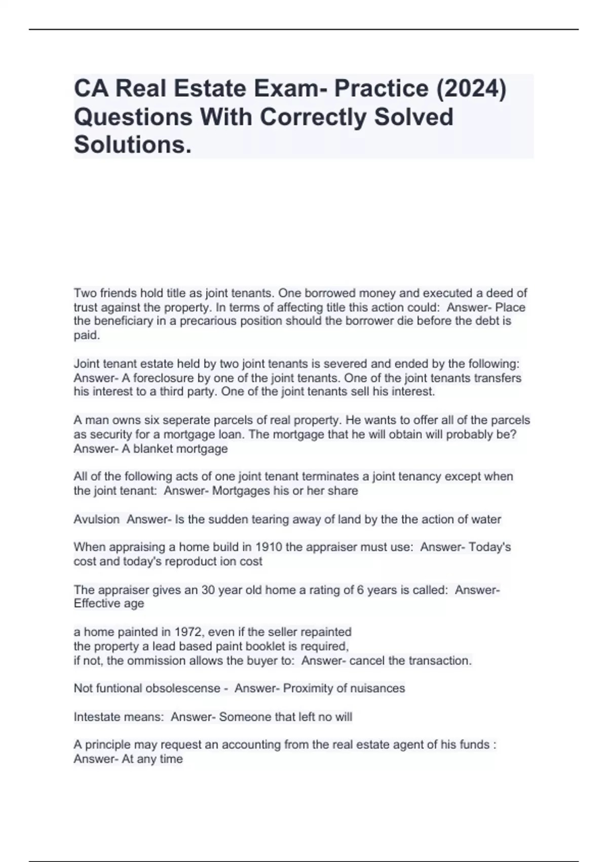 CA Real Estate Exam Practice (2024) Questions With Correctly Solved