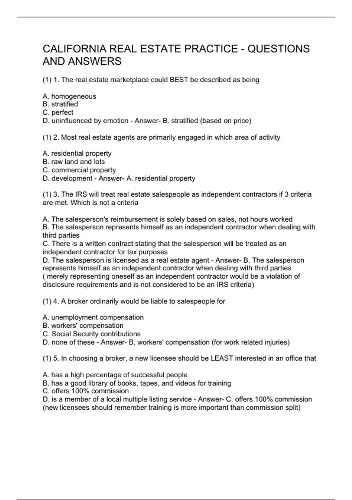 CALIFORNIA REAL ESTATE PRACTICE QUESTIONS AND ANSWERS CALIFORNIA