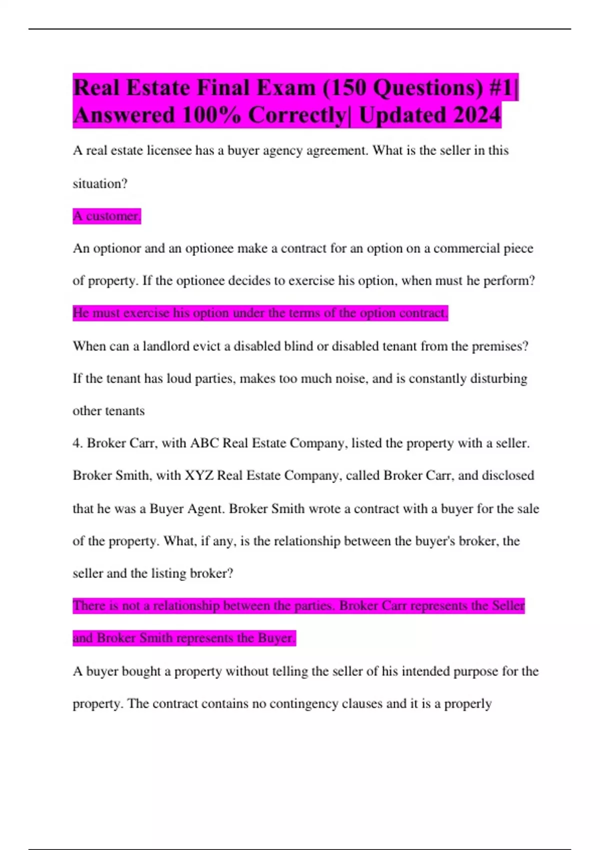 Real Estate Final Exam (150 Questions) 1 Answered 100 Correctly