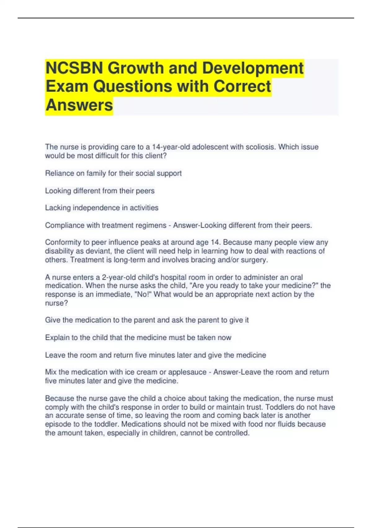 NCSBN Growth and Development Exam Questions with Correct Answers ...