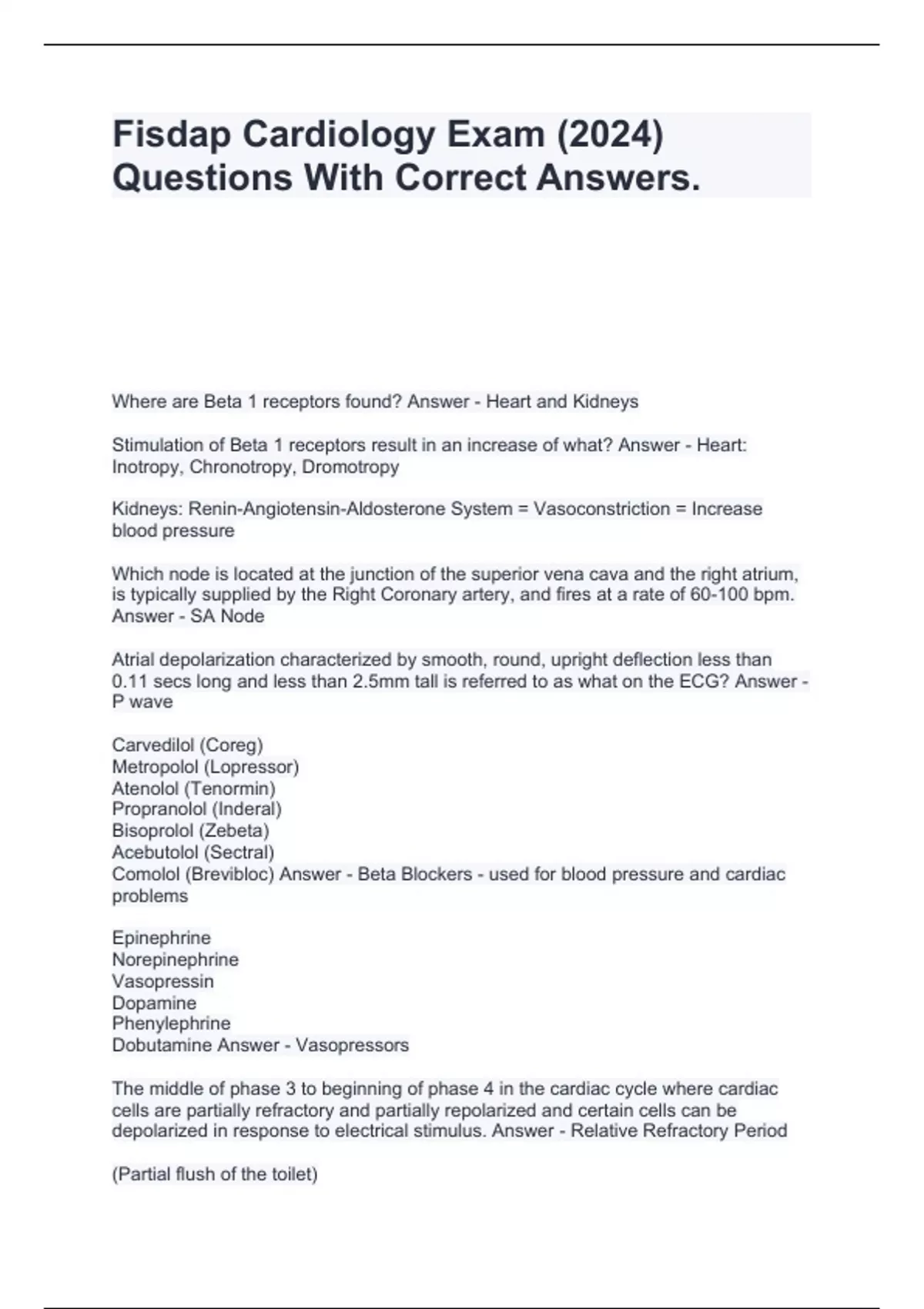 Fisdap Cardiology Exam 2024 Questions With Correct Answers Fisdap